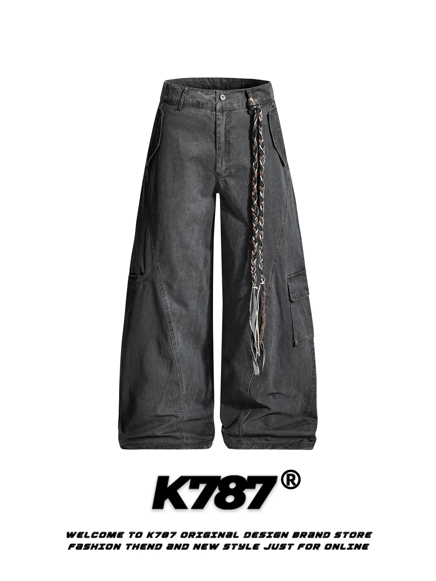 

Мужские брюки K787 в американском ретро-стиле, свободного кроя, с высокой талией, длиной в пол, с множеством карманов, повседневные, прямые, в стиле рабочей одежды.