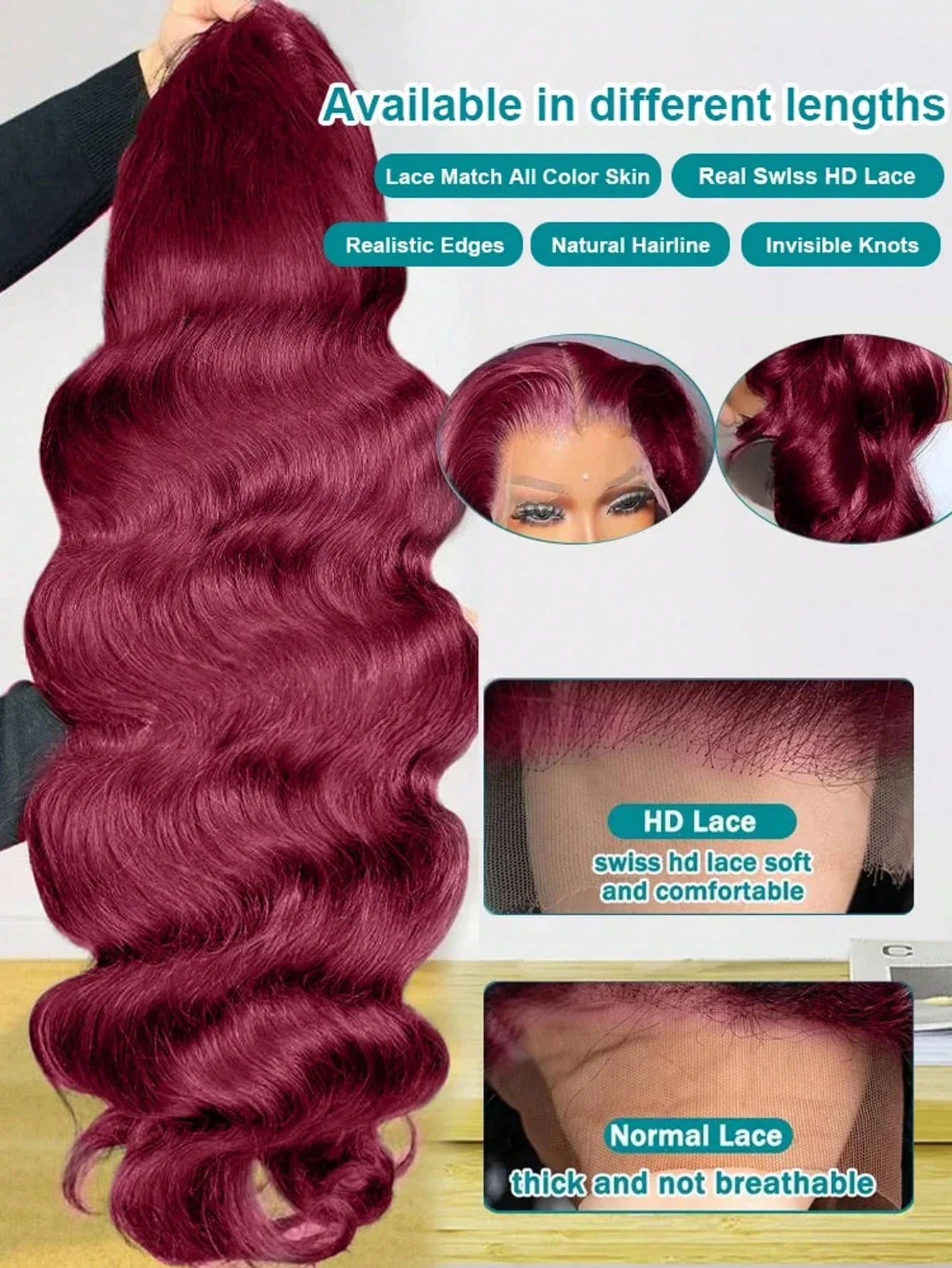 30 32 Inch Burgundy Wig Human Hair 250% Density 99j Burgundy 13x4 HD Body Wave Lace Front Wigs Human Hair Pre Plucked Brazilian Virgin HD Transparent Lace Frontal Wigs For Women