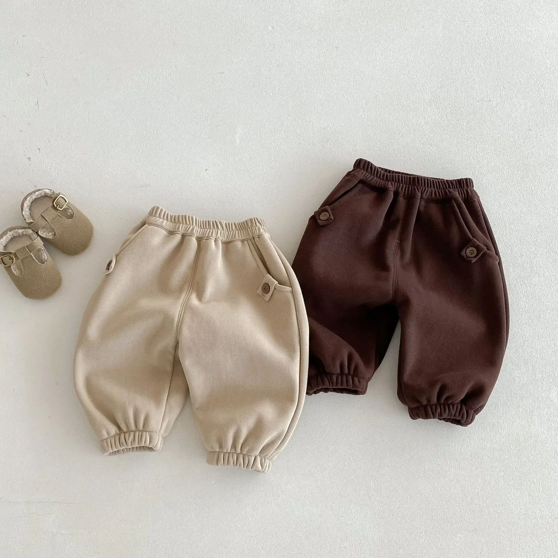 

Children Clothes Fleece Casual Pants 0-5 Years Old Autumn Winter Boys Solid Color Sports Style Thick Kids Casual Simple Pants