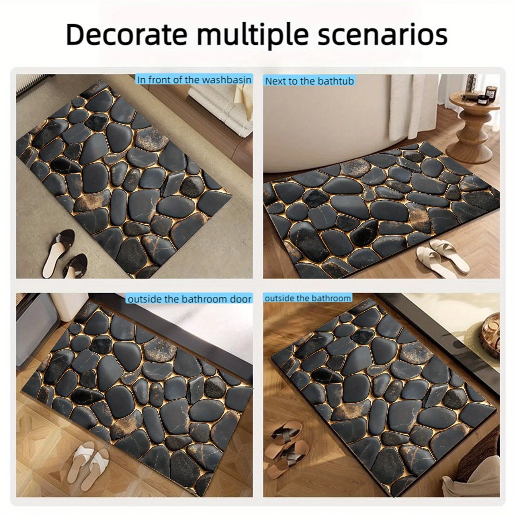 Luxury Black Gold Pebble Flannel Rug Non-slip Soft Floor Mat for Bathroom Living Room Bedroom Home Decor Carpet