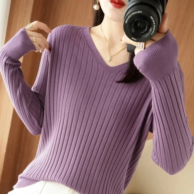 2024 New Women Sweater Spring Autumn Knitted Pullovers V-neck Slim Fit Bottoming Shirts Solid Soft Knitwear Jumpers Basic Sweate