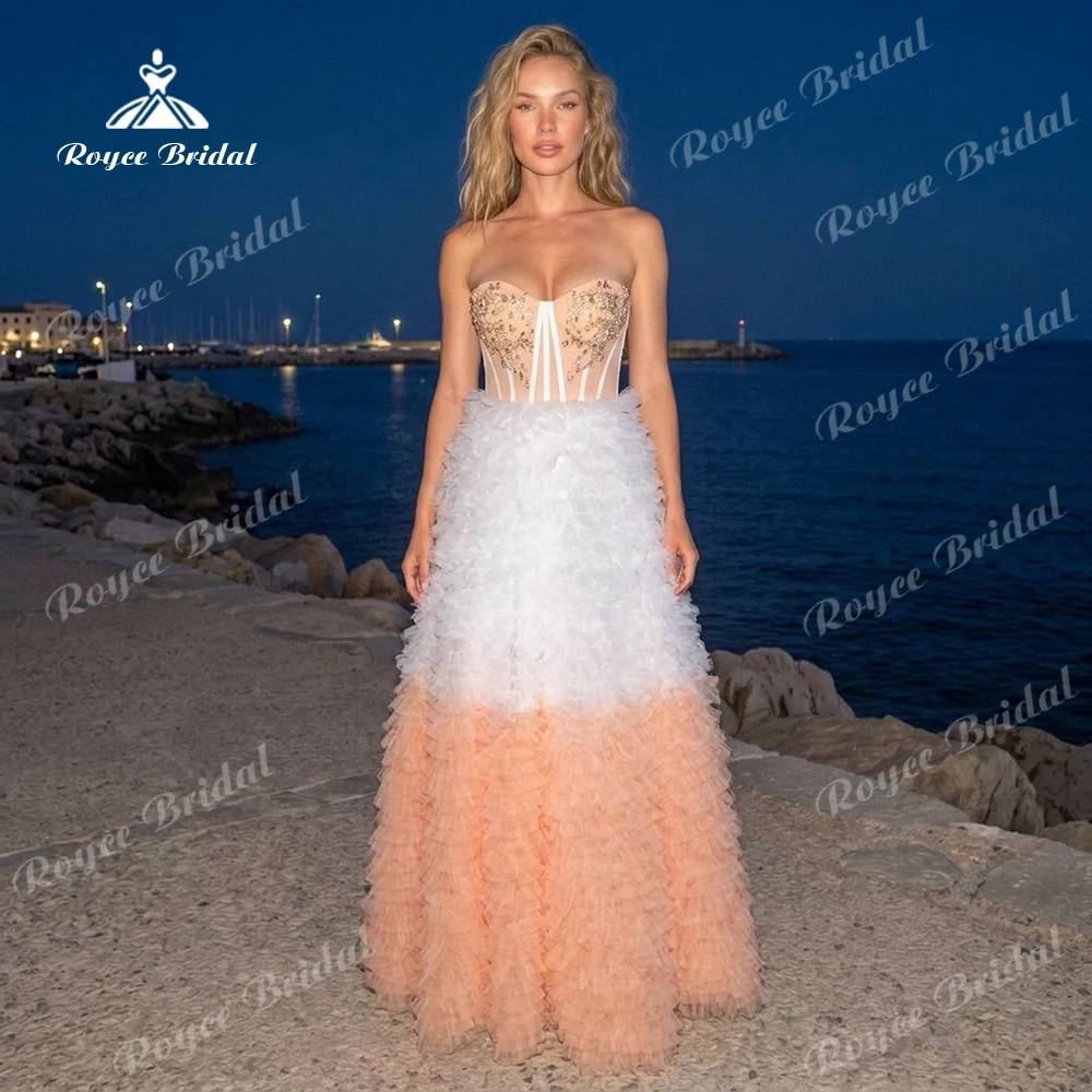 Peach White Gradient Tulle Prom Dress Sweetheart Beaded A Line Evening Dress Women's formal evening gowns Customized
