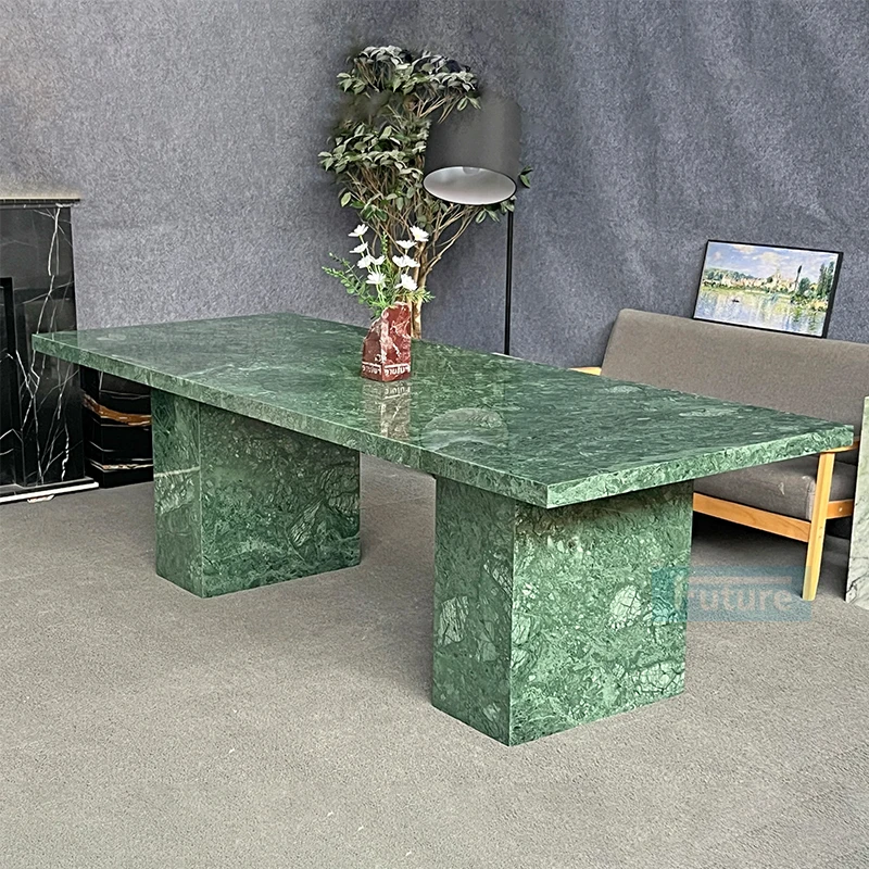 Elegant 6 Seater Recharge Top Natural Emerald Green Marble Dining Table Coffee Table With Marble Leg for Livingroom