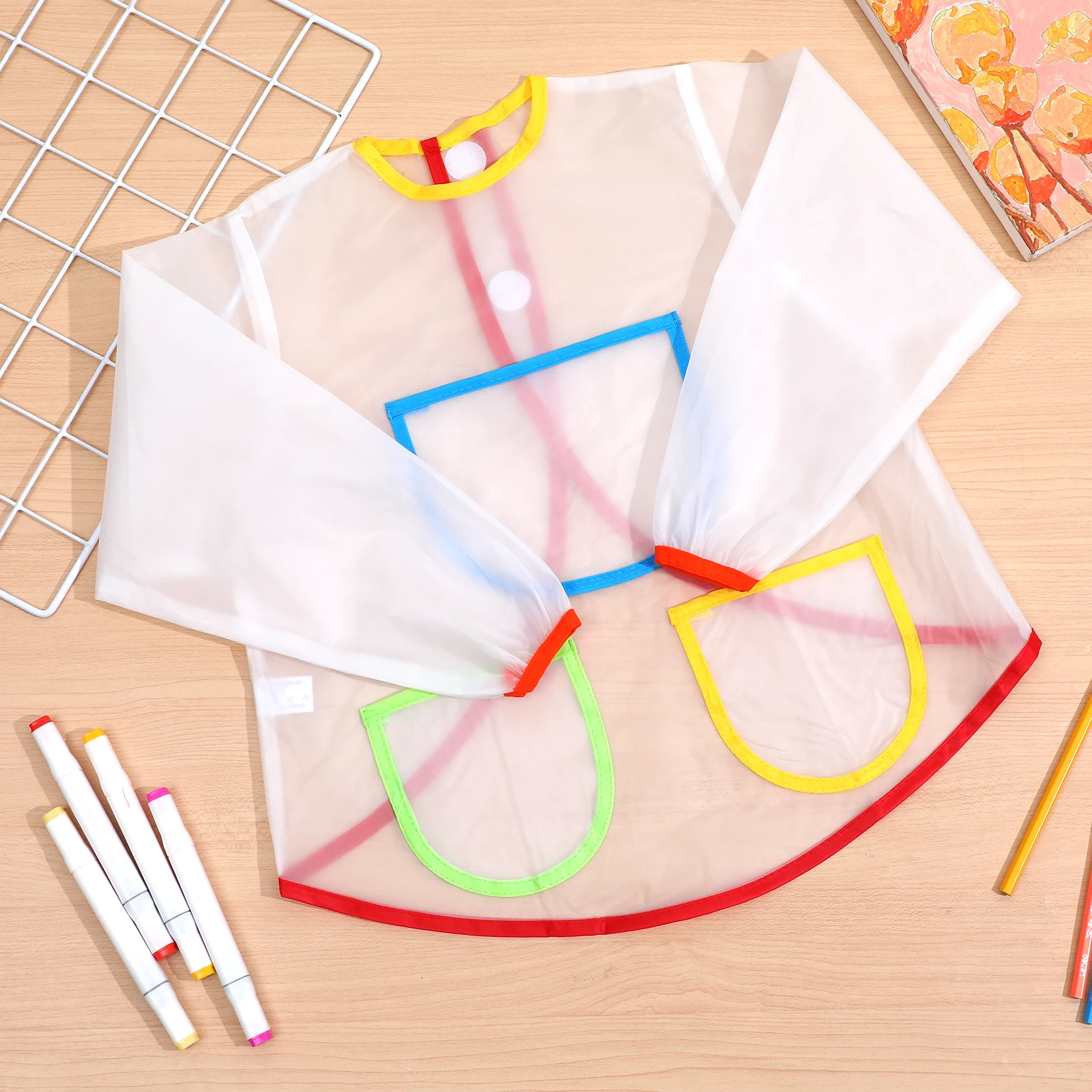 

2pcs Waterproof Long-Sleeved Children Painting Smock Pvc Drawing Apron 3 Large Pockets Oil Resistant Back Hook Loop Adjustable