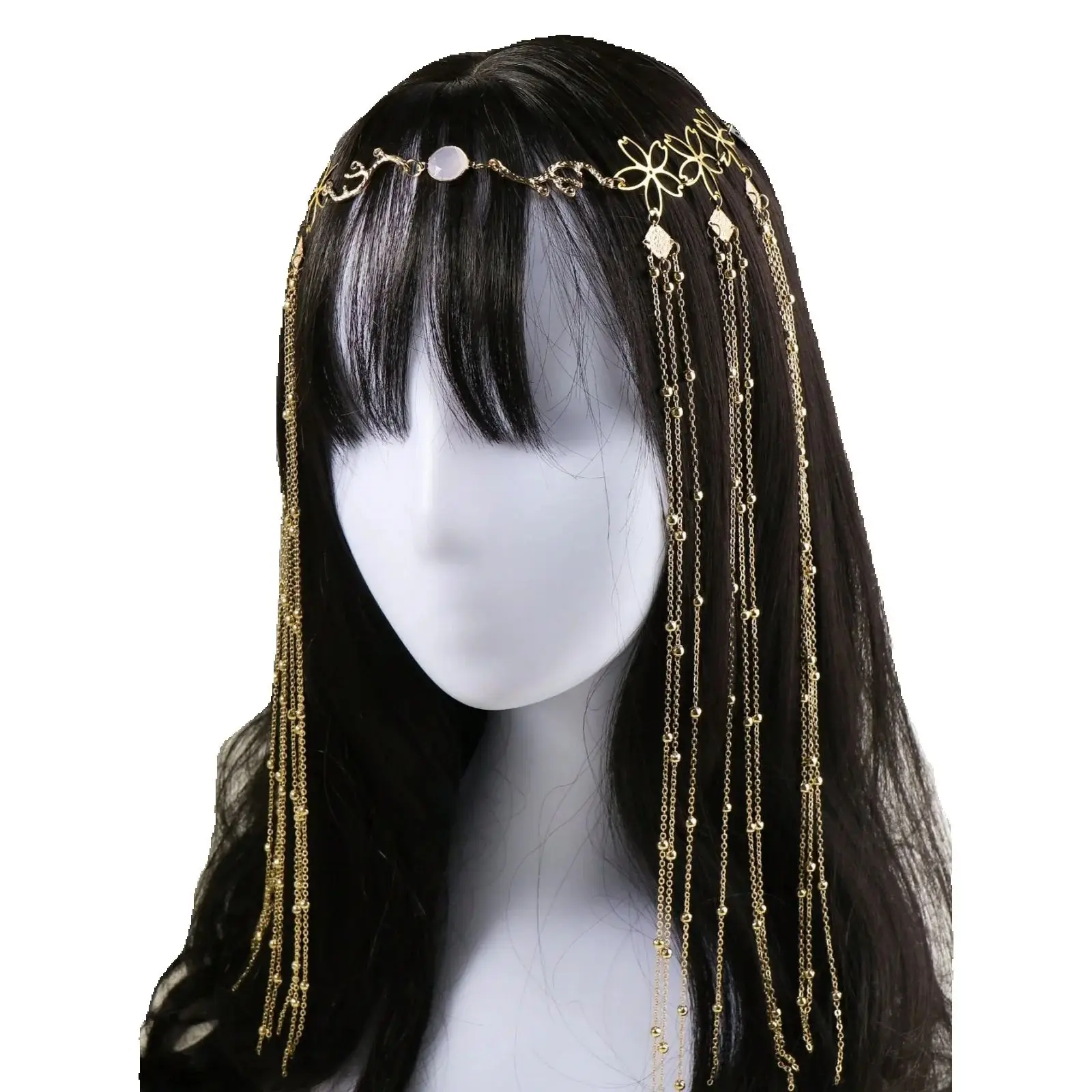 1 x goldene Quasten-Kopfkette – Boho-Vintage-Haarschmuck mit Blumenmuster für Frauen, Festival-Party-Accessoire