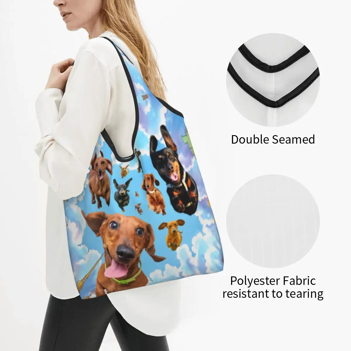 Dachshund Falling Down Grocery Shopping Bag Custom Shopper Shoulder Tote Bag Portable Wiener Badger Sausage Dog Handbag