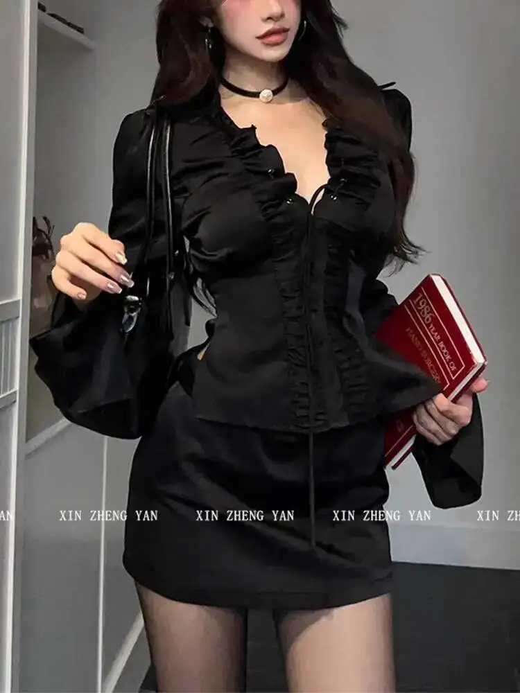 Luksusowa bluzka z falbankami i rozkloszowanymi rękawami damska 2025 jesień koszule damskie retro bluzka stójka francuski design szykowna luźna góra Mujer