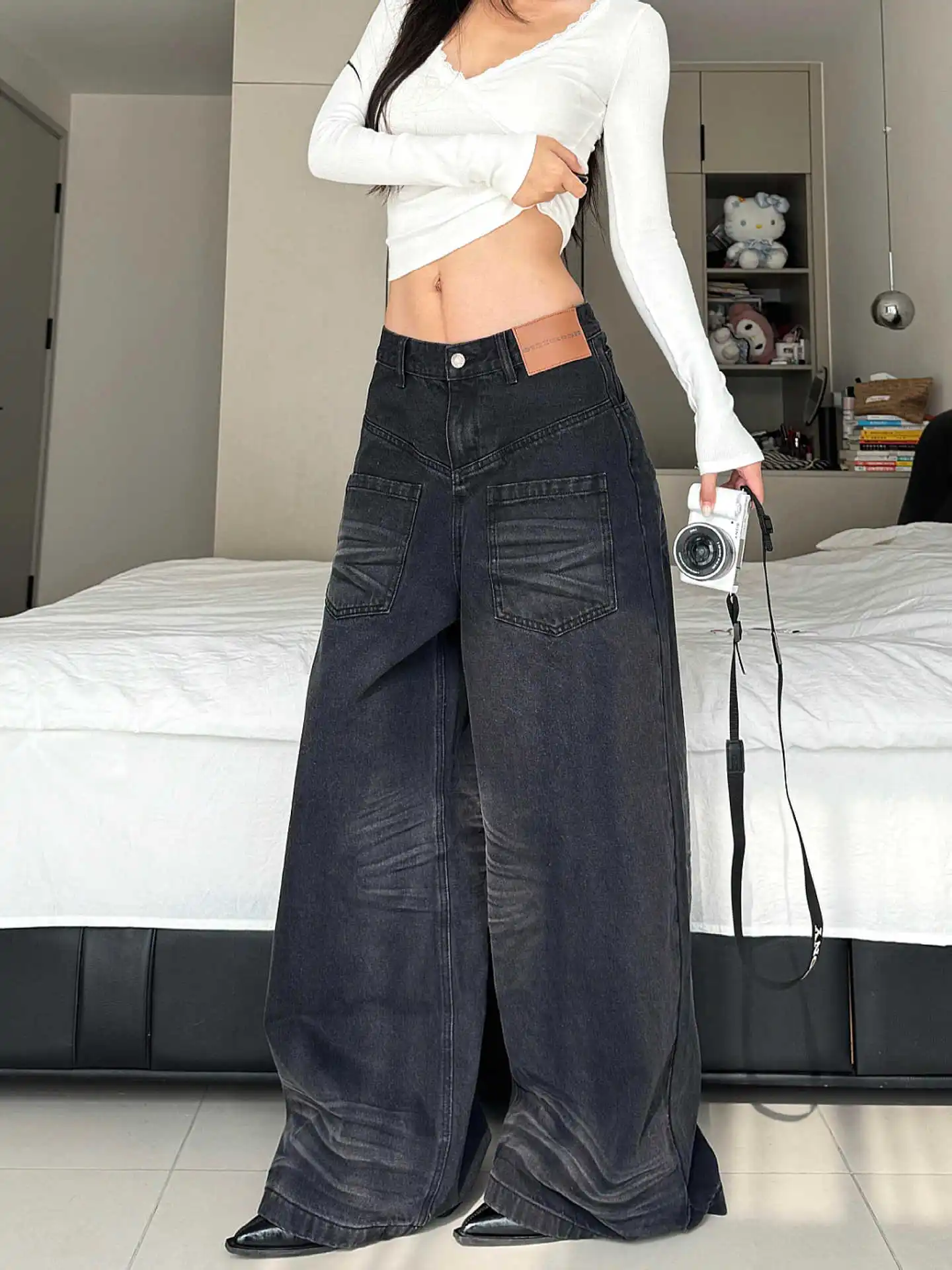 Damskie szerokie jeansy czarne Abi Y2k spodnie dżinsowe Dark Academia Harajuku kowbojskie szerokie nogawki styl lat 2000 High Street Tide Grunge Cyberpunk