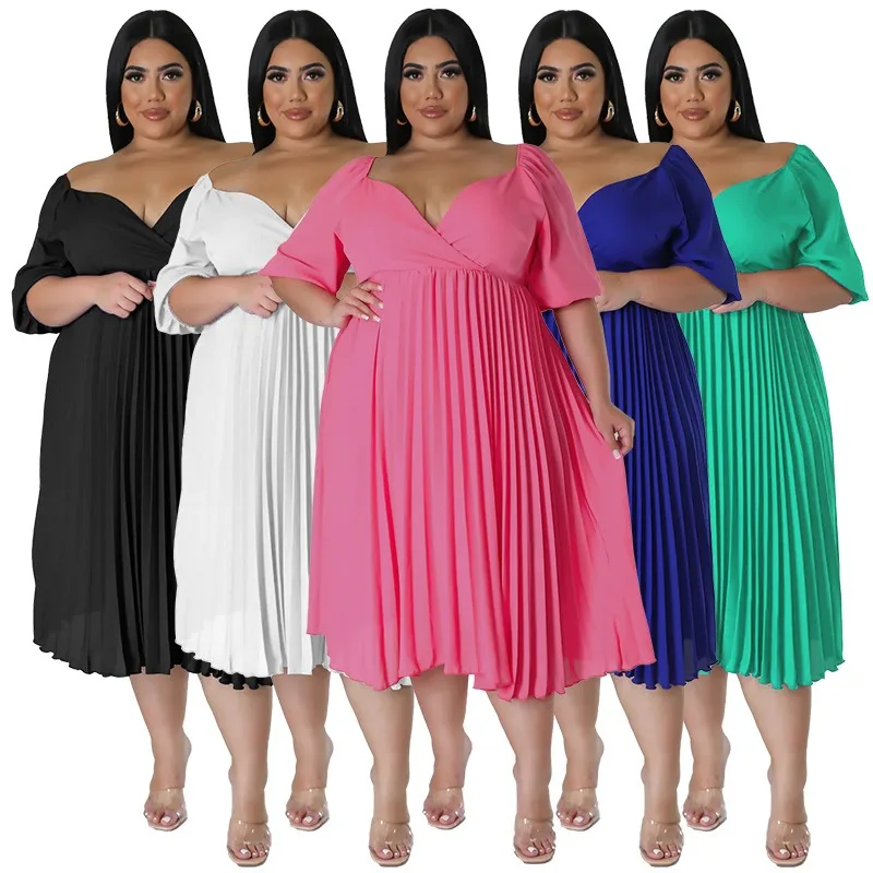 

Plus Size Women's Summer Party Dress Deep V-Neck Short Sleeve Solid Color Pleated Maxi Dress Wholesale Dropshipping L-4X 2025
