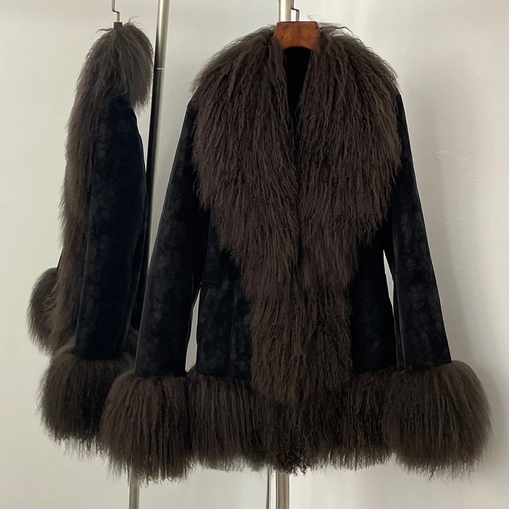 معطف الخريف والشتاء منغوليا الطبيعية الحقيقية معطف فرو الأغنام موضة جديدة سترة الفراء المرأة سميكة الدافئة ملابس خارجية غير رسمية بدوره إلى أسفل طوق