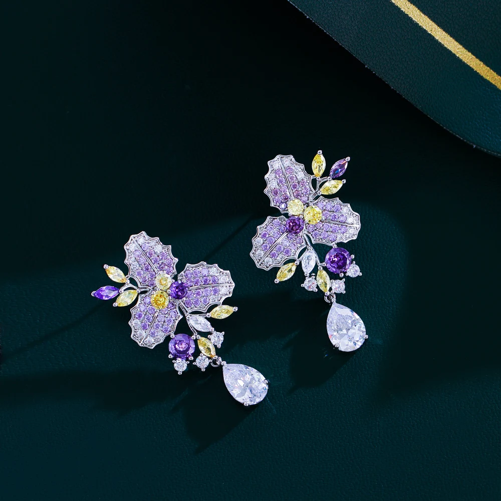 CWWZircons Chic Purple Cubic Zircon Pretty Long Big Flower Leaf Drop Dangle Earrings for Women Engagement Bridal Wedding CZ760