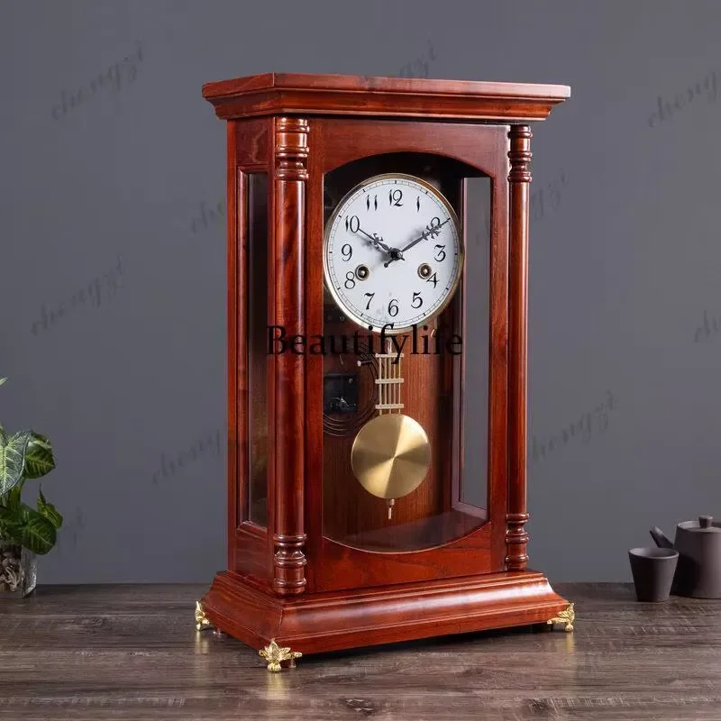 European Retro Solid Wood Mechanical Clock Living Room Entrance Desktop Old Fashioned Clockwork Pendulum Clock for Home Decor