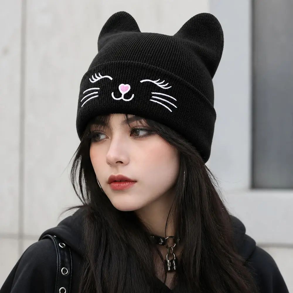 New Yarn Cat Ear Beanie Y2K Harajuku Punk Gothic Striped Beanie Stretchable Knit Knitted Beanie Hat Casual Streetwear