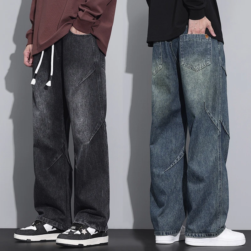 

Autumn New Drawstring Jeans Men's Fashion Casual Loose Trousers Comfortable Straight Youth Vintage Wide Denim Pants