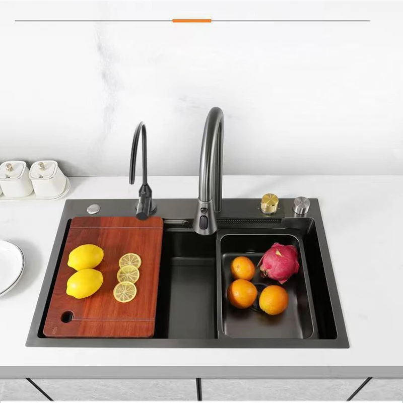Factory Direct 2026 Full Whole Set Waterfall Kitchen Sink 304 Stainless Steel Big Single Bowl Dish Rack Mount Brushed Grey