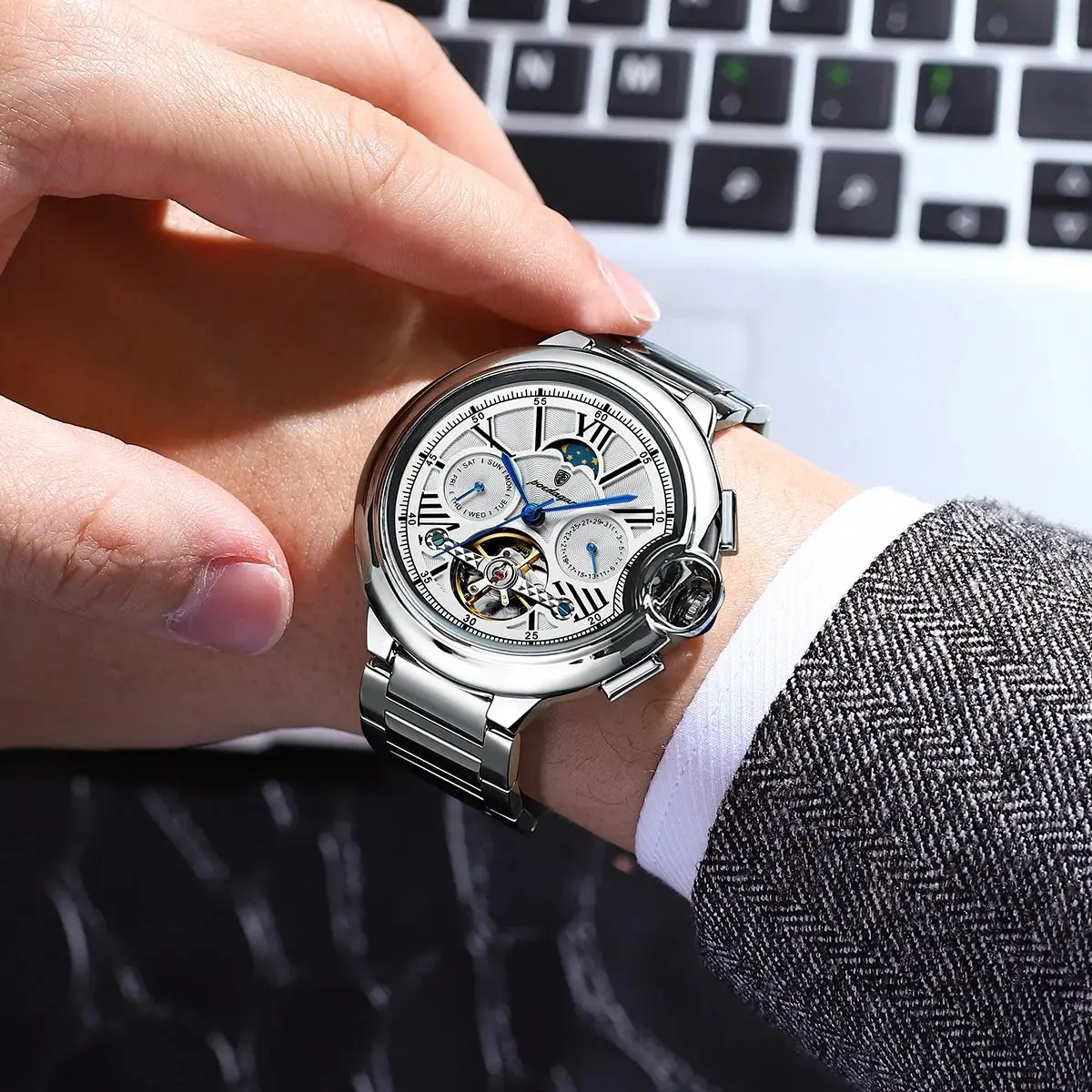 POEDAGAR Luxury Man Watch Tourbillon Date Week Stainless Steel Men Watch Waterproof Automatic Mechanical Military Men's Watches image 6
