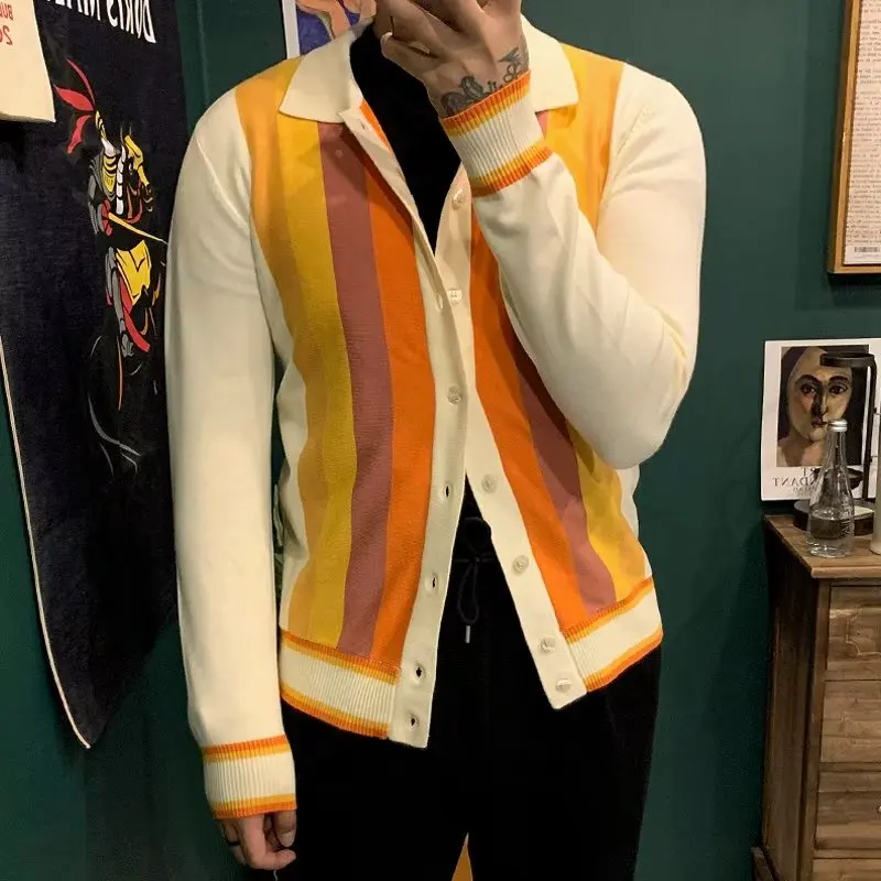 

Autumn Winter Large Size Men's Knitted Cardigan Trendy Slim Fit Collared Open Front Sweater Vertical Stripes 250 Pou Outer...