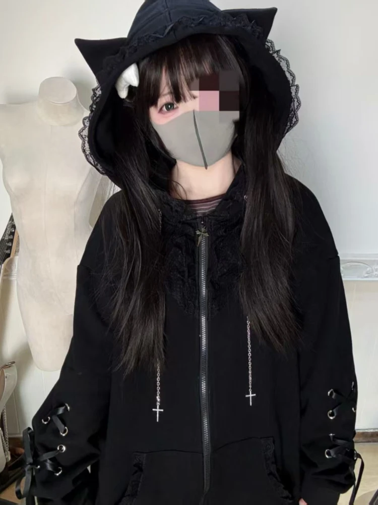 Felpa con cappuccio subcultura gotica vintage autunnale da donna manica lunga giapponese dolce pizzo nero cappotto con cappuccio moda casual cappotto allentato nuovo