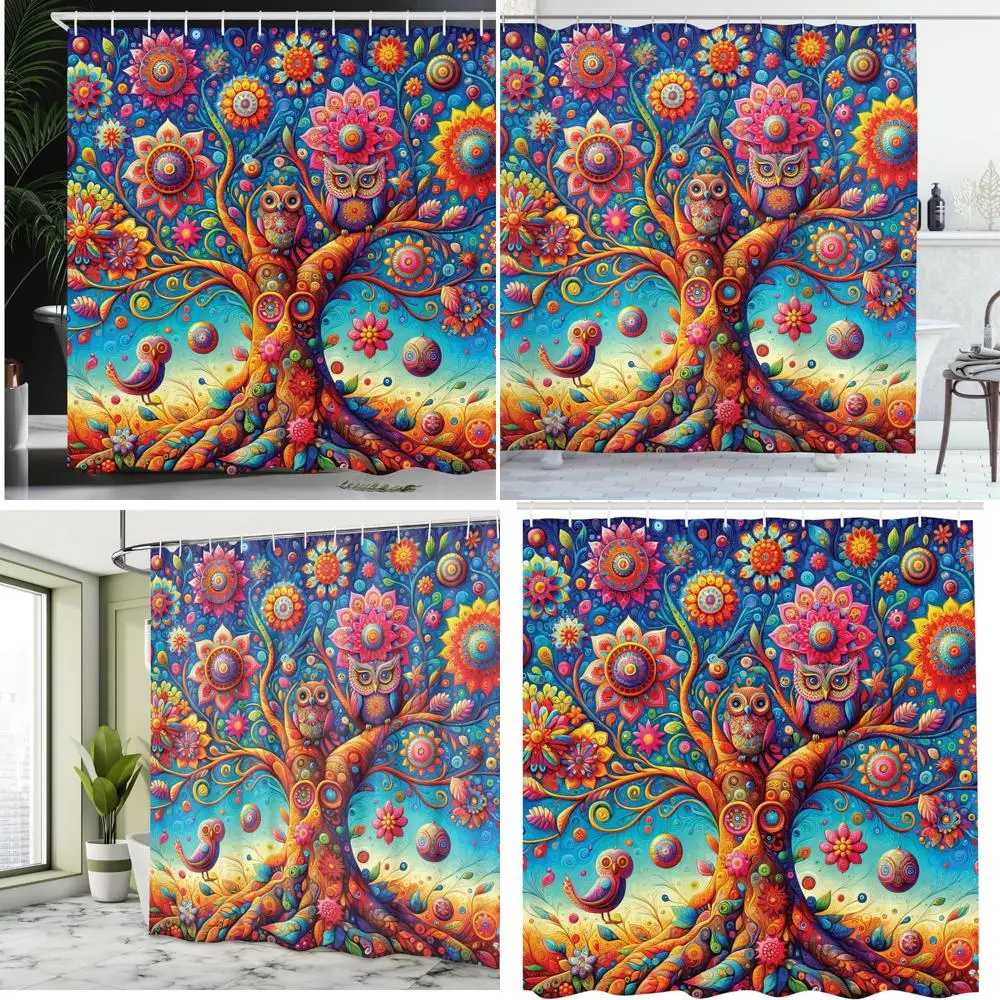 

psychedelic floral shower curtain: vibrant oriental design with entwined vines and owls on fabric bath mat