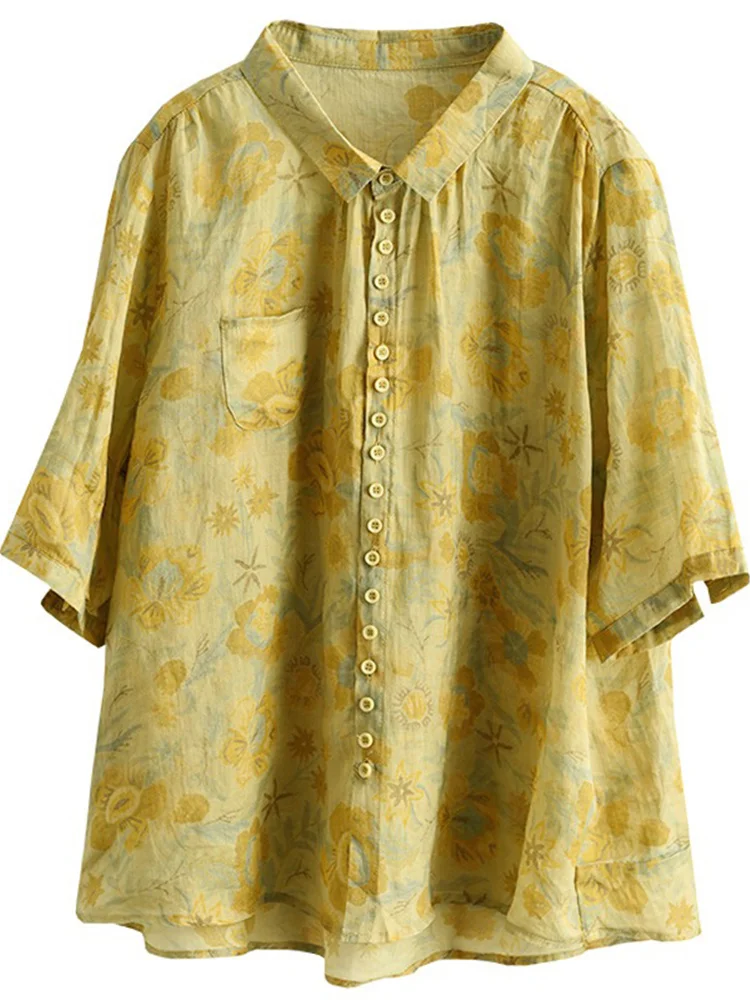Sle giapponese da donna sottile ort Sve irt colletto in lino di cotone floreale retrò abbottonato vestibilità ampia estate casual irt
