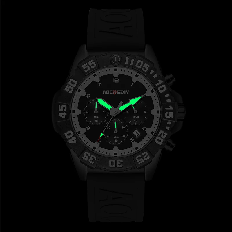 AOCASDIY High Quality Fashion Men\'s Luxury Multi-Functional Silicone Belt Waterproof ChronoGraph Calendar Luminous Sports Watch