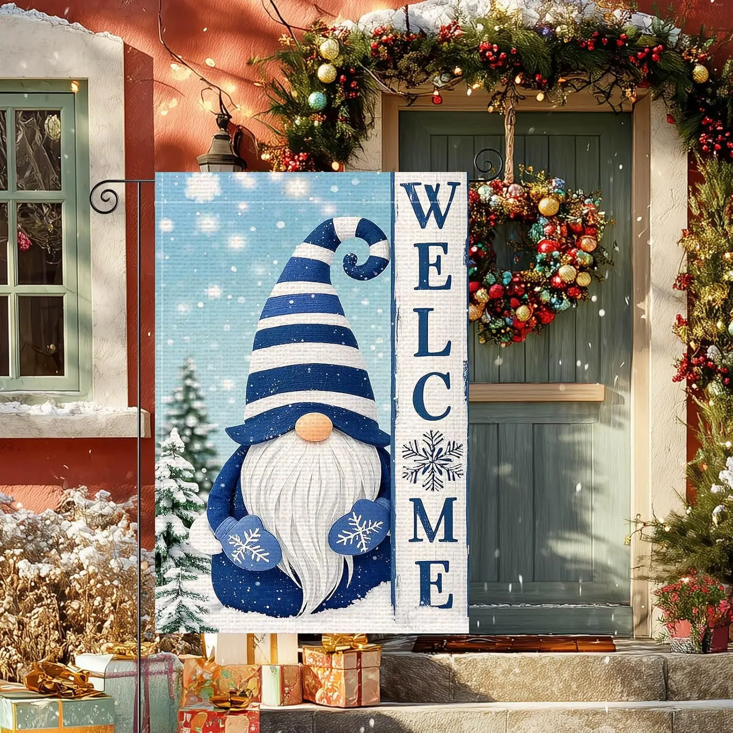 Welcome Garden Flag 12x18 Inch Winter Gnome Garden Flags Burlap Double-Sided Blue Stripes Snowflakes Holiday Decoration Bann EEZ
