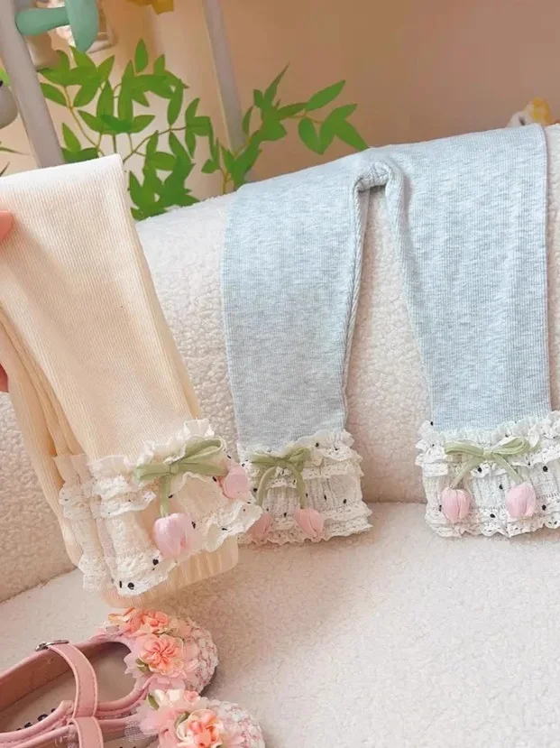 Niedliche Polka-Dot-Spitzen-Tulpenhose für Mädchen Herbst Vielseitige Oberbekleidung Trendige Lange Leggings Anderes Material