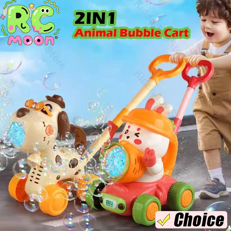 2 in 1 Automaticfor Bubbles Machine With LED Lights Kids Rabbit Bubbles Maker Trolly Outdoor Toys Rotating Blower Toddler Walker