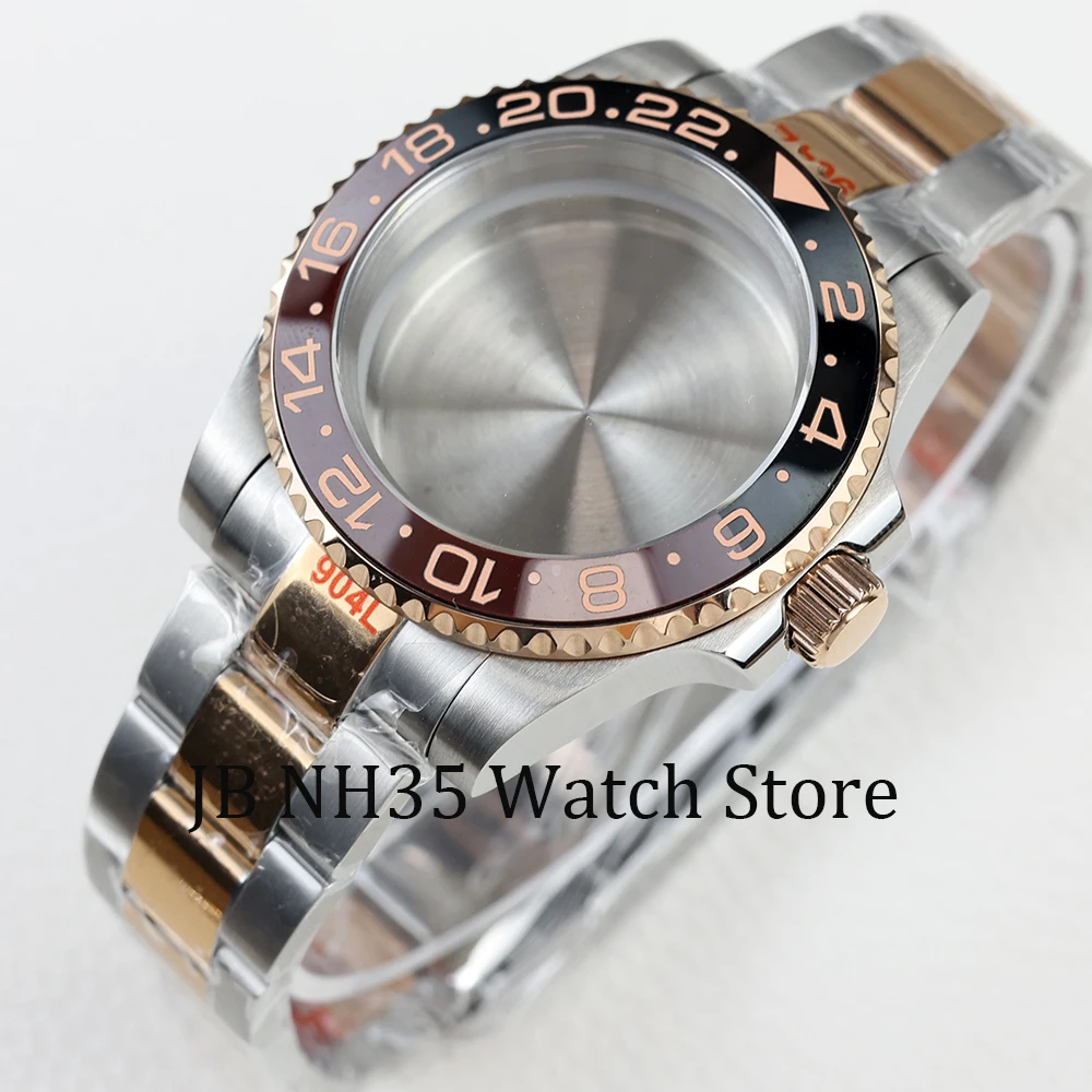 

40mm rose gold NH35 watch case ceramic bezel sapphire glass stainless steel polish oyster strap fit NH35 NH36 28.5mm dial gmt