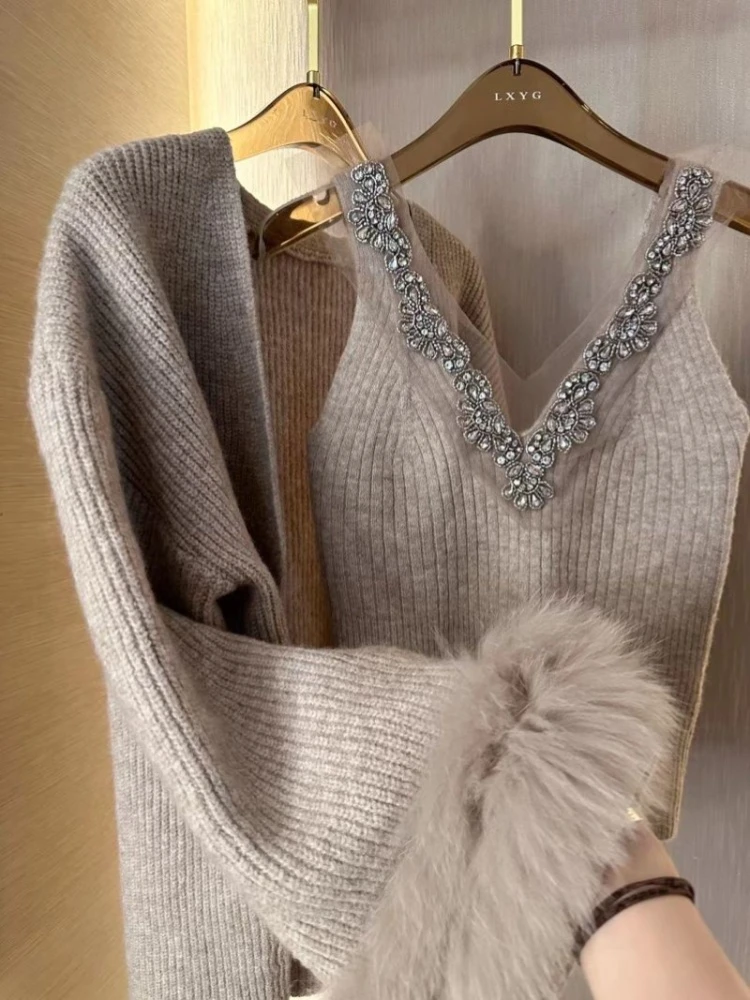 

Heavy Diamond V-neck Sexy Slim Fit Knitted Vest+ Autumn Winter Long Sleeve Cardigan Coat Women 2025 New Two Piece Sets