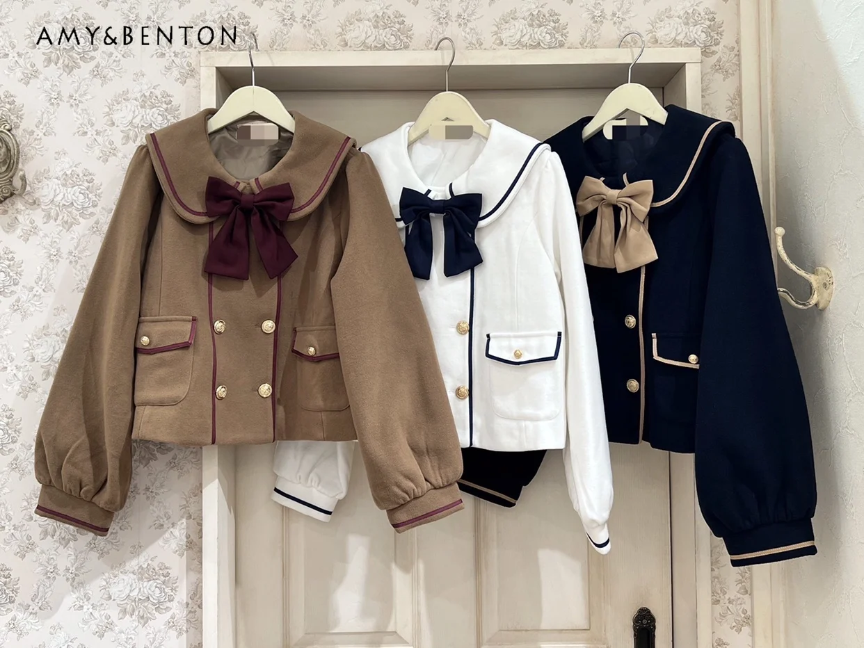 Japanese Sweet Lolita JK Uniform Wool Coat Women Preppy Style Cute Doll Collar Bow Splicing Color Double-breasted Woolen Coats