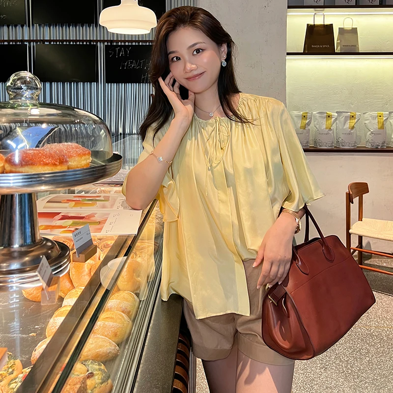 

Шелковая футболка Ele Knowlable свободного кроя с завязками, разные цвета, премиум-качество, летняя новинка для женщин