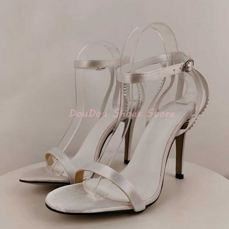 White Satin One Strap Back Rhinestone Decor Sandals Women Open Round Toe Thin High Heels Fashion Elegant Party Wedding Shoes New