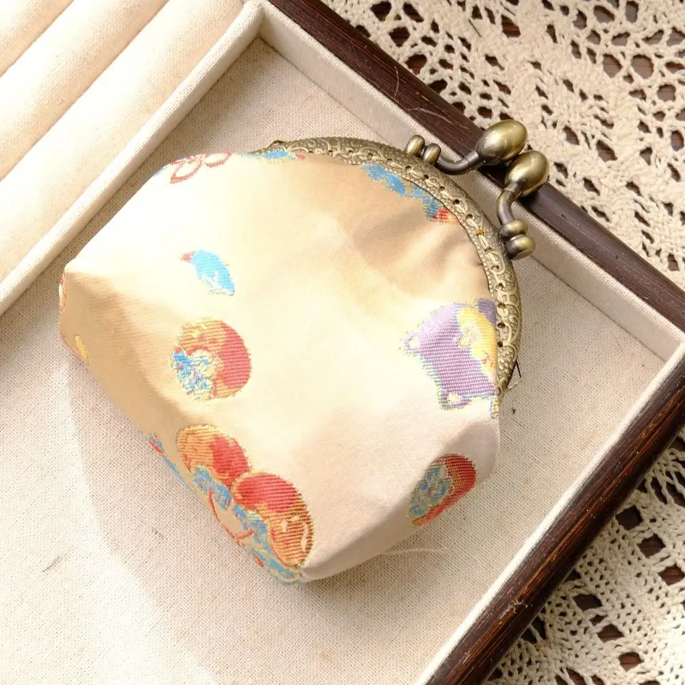 Anti-lost Kiss Lock Coin Purse Polyester Portable Brocade Mini Pouch Chinese Style Thickened Embroidered Small Pocket Earrings