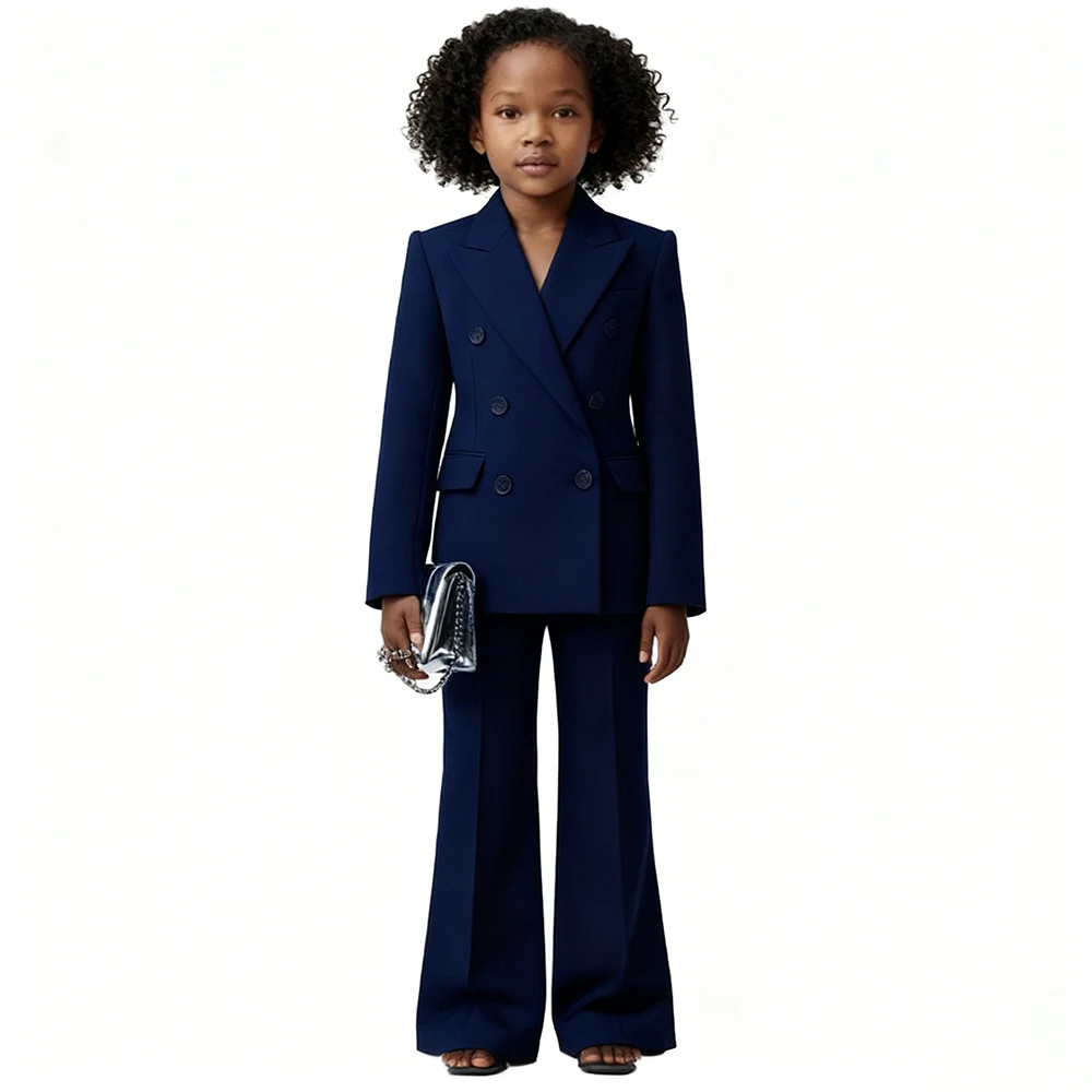 

Формальная одежда для девочек, темно-синяя двубортная двубортная двубортная куртка с остроконечными лацканами, комплект из двух предметов, куртка, брюки, костюмы