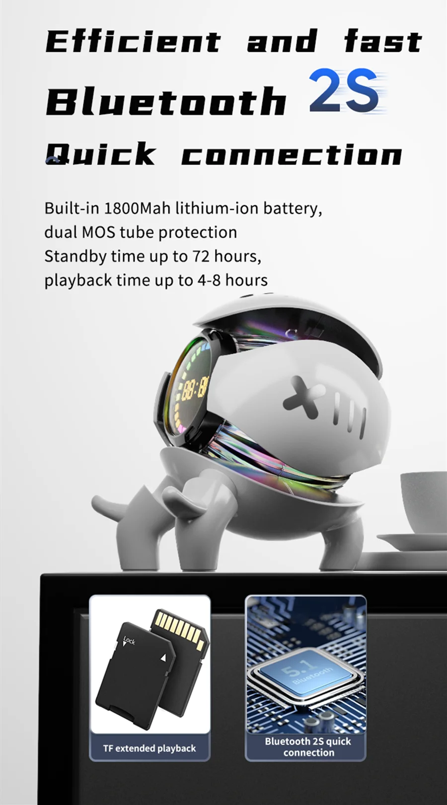 หุ่นยนต์มอนสเตอร์ลําโพงบลูทูธนาฬิกาปลุกสเตอริโอแบบพกพา AI Interactive Audio TF Card วิทยุ FM ลําโพงซับวูฟเฟอร์ไร้สาย