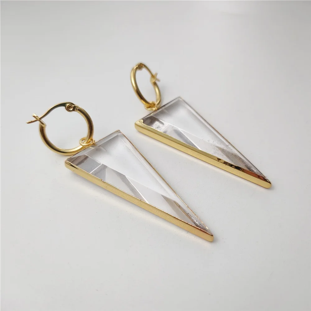 

FUWO 1Pair Natural Clear Crystal Quartz Triangle Shaped Earrings,Gold Color Handmade Transparent Quartz Point Hoop Earring ER429