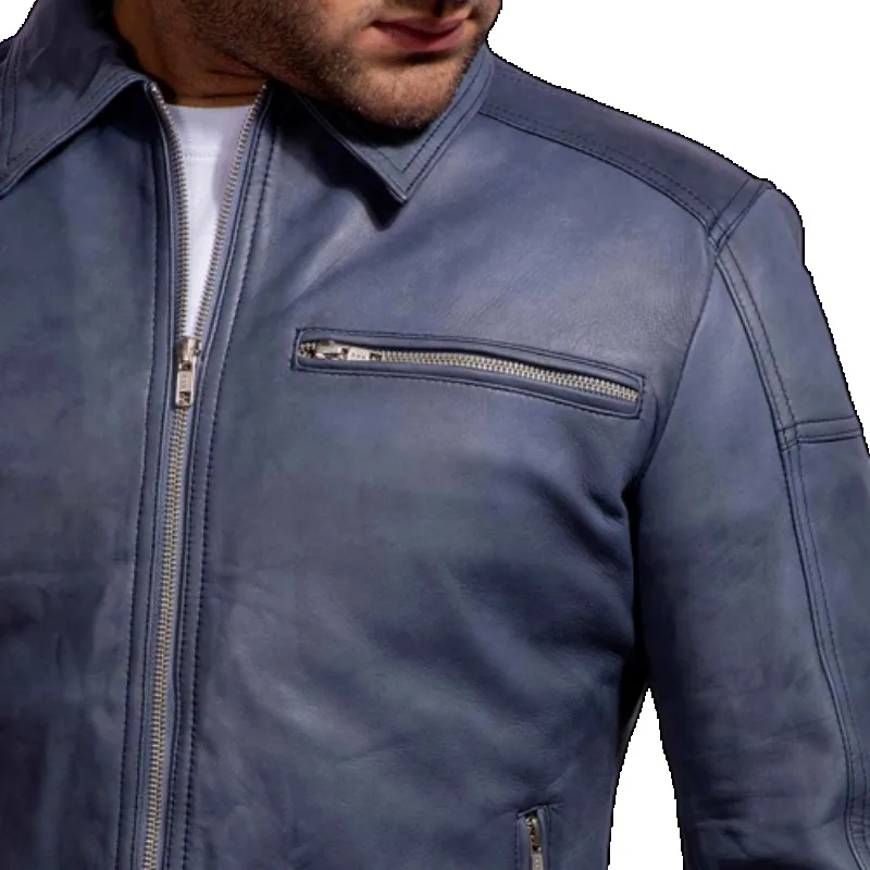 Men Leather Jacket 100% New Slim Fit Biker Genuine Blue Lambskin Jacket Fashion Trends