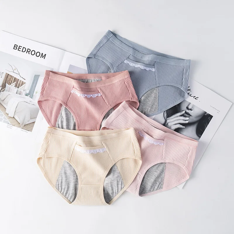 Women\'s Physiological Pants Underwear Plus Size Briefs With Pocket Cotton Menstrual Leak Proof Period Middle Waist Underpants