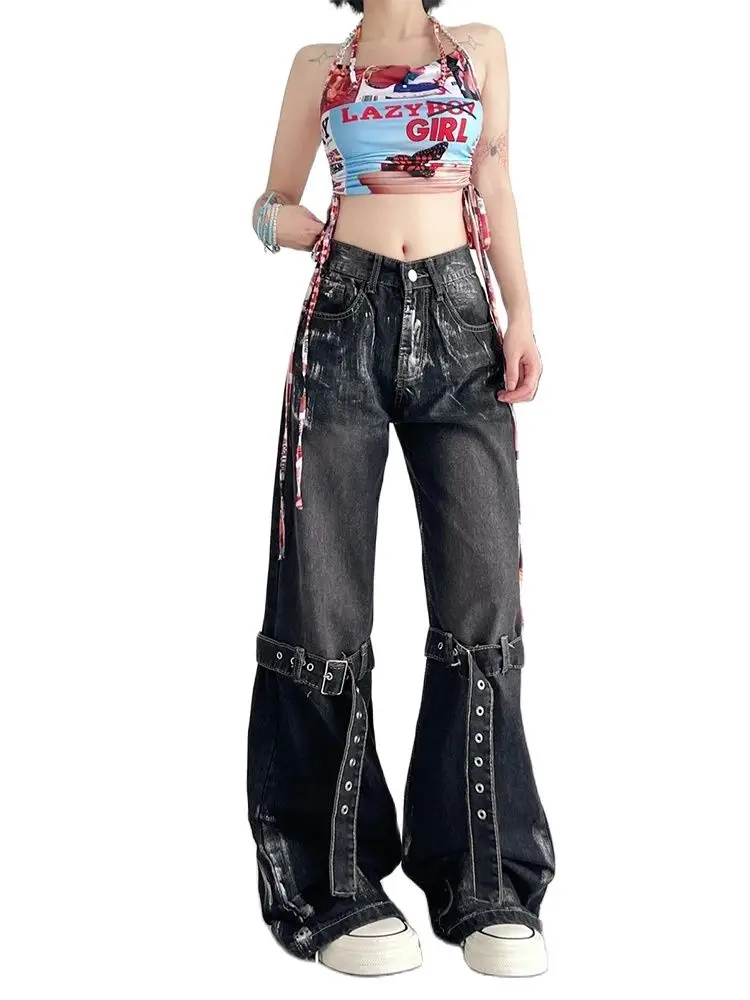 Women's Black Gothic Y2k Cargo Jeans Harajuku Emo Denim Trousers Y2k Jean Pants Vintage Japanese 2000s Style Trashy Clothes 2024