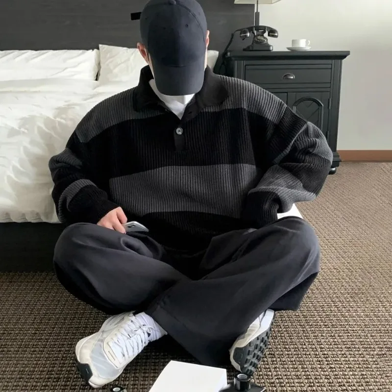 

Пуловеры-поло мужские в стиле Харадзюку, эстетичная одежда высокого качества, трикотажные изделия, 202, кашемировый дизайнерский полосатый мужской вязаный свитер