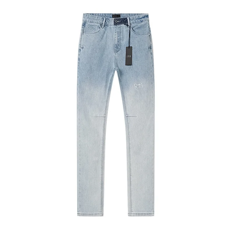 RTA Men's Distressed Ripped Jeans Light Blue Ripped R+A Denim Pants Fashion Letter Print Elastic Slim Fit Casual Trousers