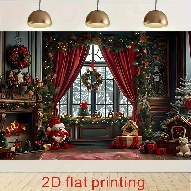Bannière de fond de cheminée de noël plate 2D, 1 pièce, décoration de fête de Festival avec père noël, décoration de noël