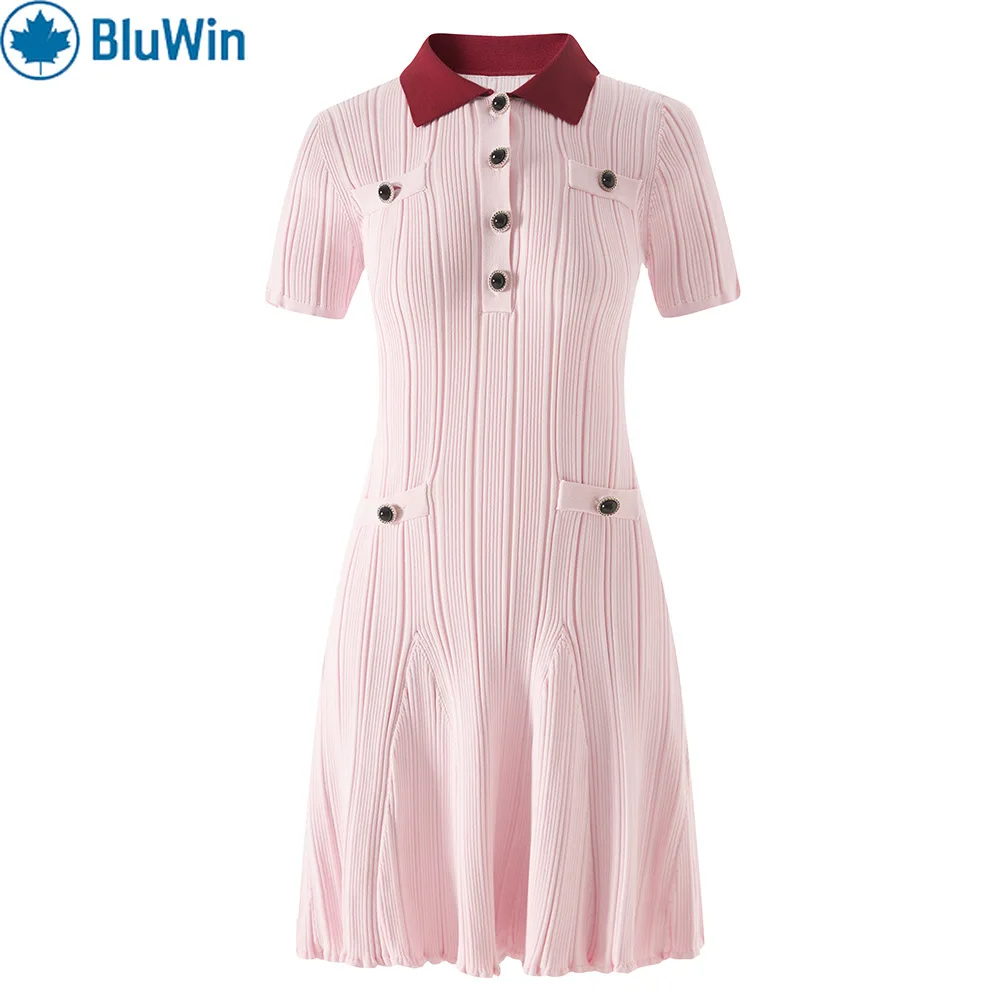 

URBANCHIC 2025 New Arrival Pink Tweed Polo Collar Mini Dress Women Slim Fit Elegant Short Length