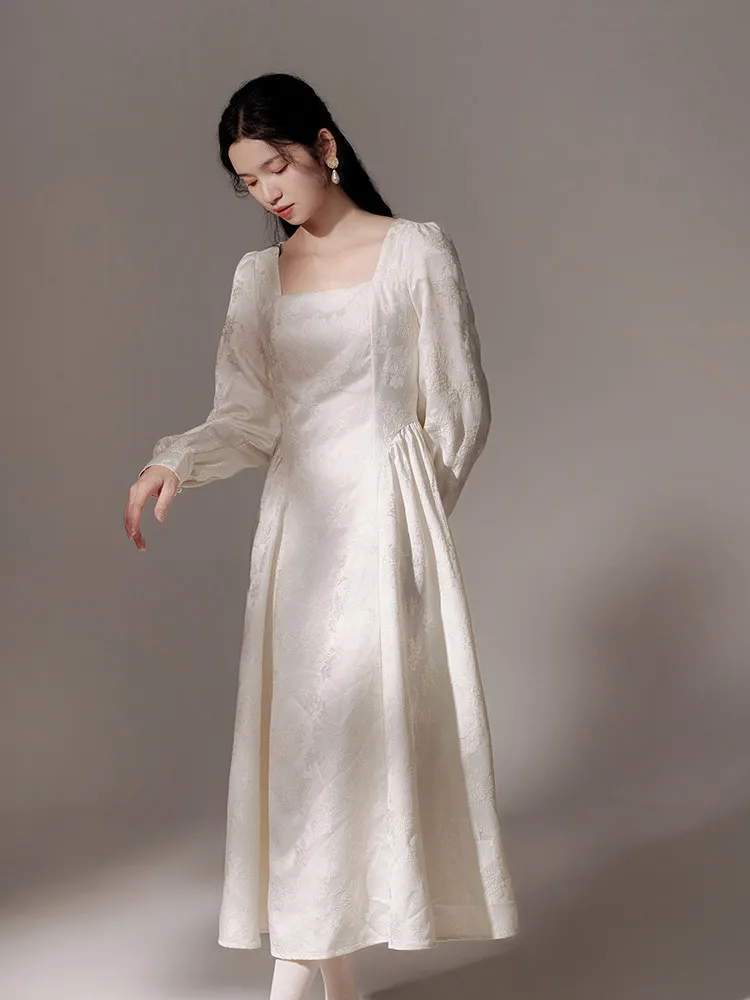 Tiyihailey primavera outono feminino jacquard vestido de manga cheia longo meados de bezerro senhoras S-L vintage cintura alta 2026 gola quadrada branco