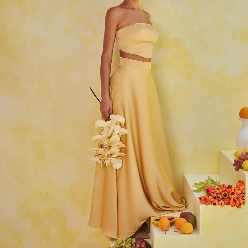 

Fashion Solid Color Hollow Out Holiday Outfits Casual Lady Sleeveless Off Shoulder Sets Sexy Tube Top Crop Tops&Half Skirts Sets