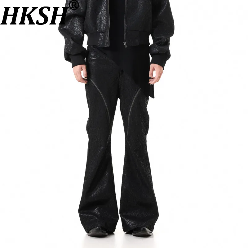 HKSH Autumn Winter New Men Tide Chic Ins Gothic Dark Knight Double-Zip PU Leather Flared Pants Vibe Y2K Fashion Trousers HK27894