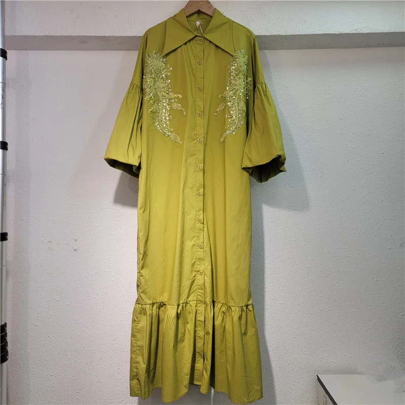 Sukienka damska na wczesną wiosnę 2026, luźna, patchworkowa, z koronkowym wykończeniem, sukienka koszulowa, długa sukienka, modna, odmładzająca, elegancka sukienka letnia.