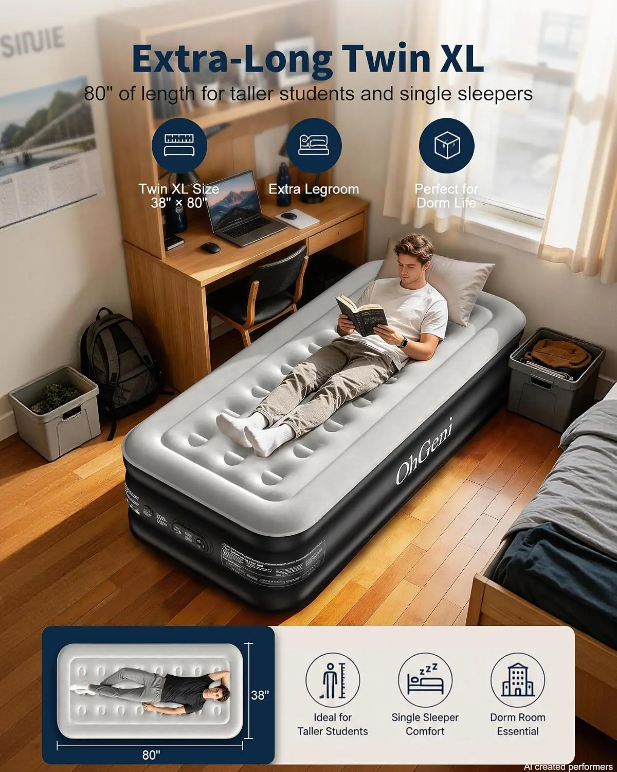 20" Raised Twin XL Air Mattress with Built-in Pump, Inflatable Blow Up Bed for Home Camping Guests, 500lbs Capacity view 3