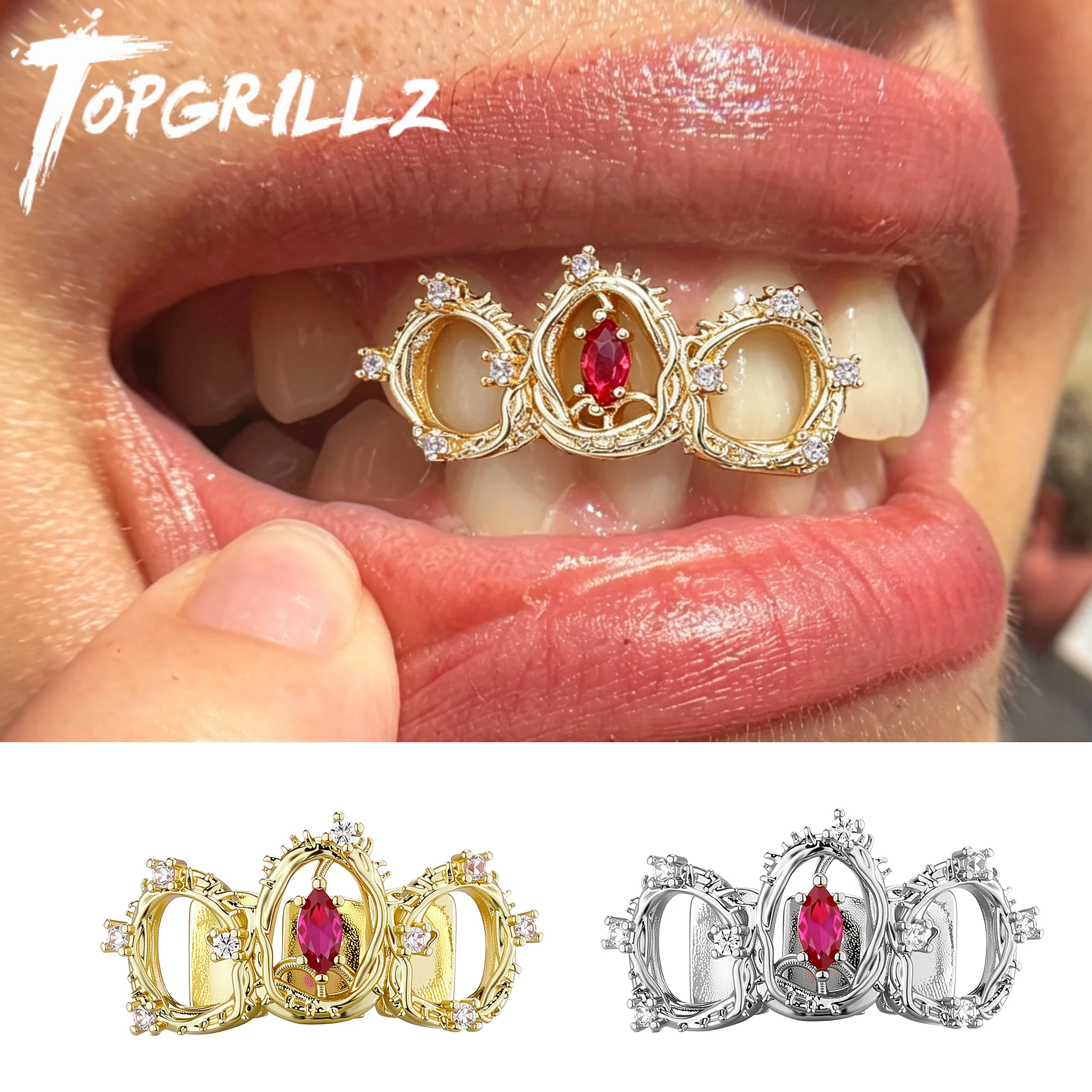 TOPGRILLZ Y2K Dark Style Gold Plated Grillz Top Set 3 Teeth Thorn Red CZ Gothic Bling Jewelry For Women&Men